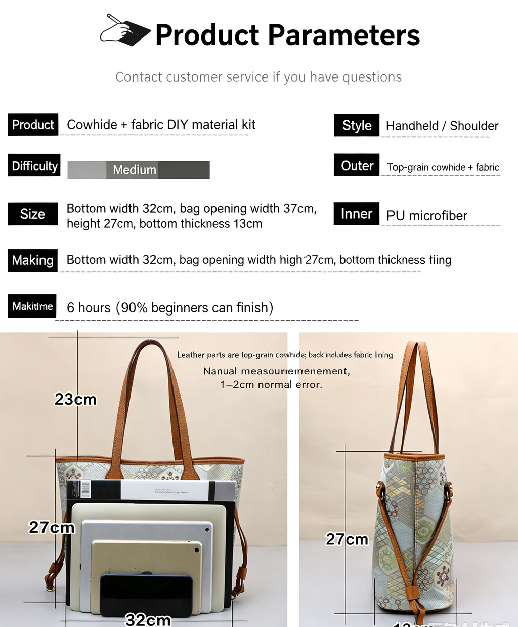 DIY Leather Tote Bag Kit – Beginner Large Cowhide Work & Shoulder Bag