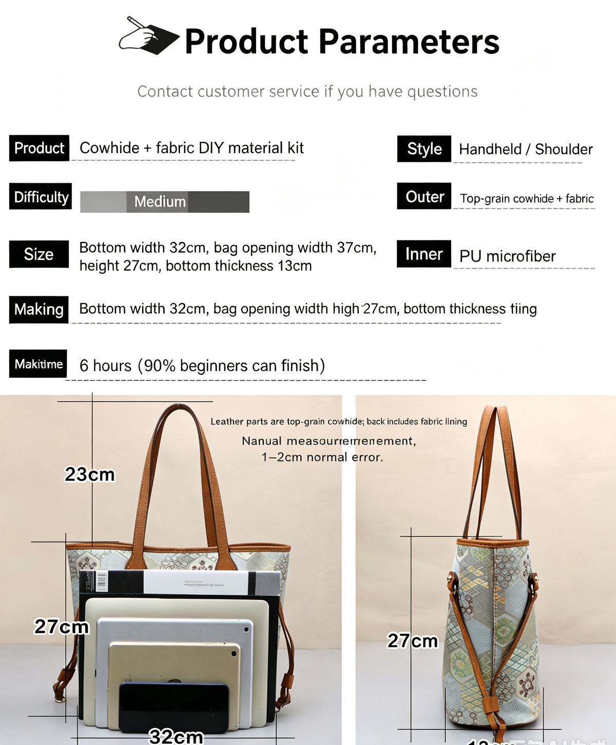DIY Leather Tote Bag Kit – Beginner Large Cowhide Work & Shoulder Bag