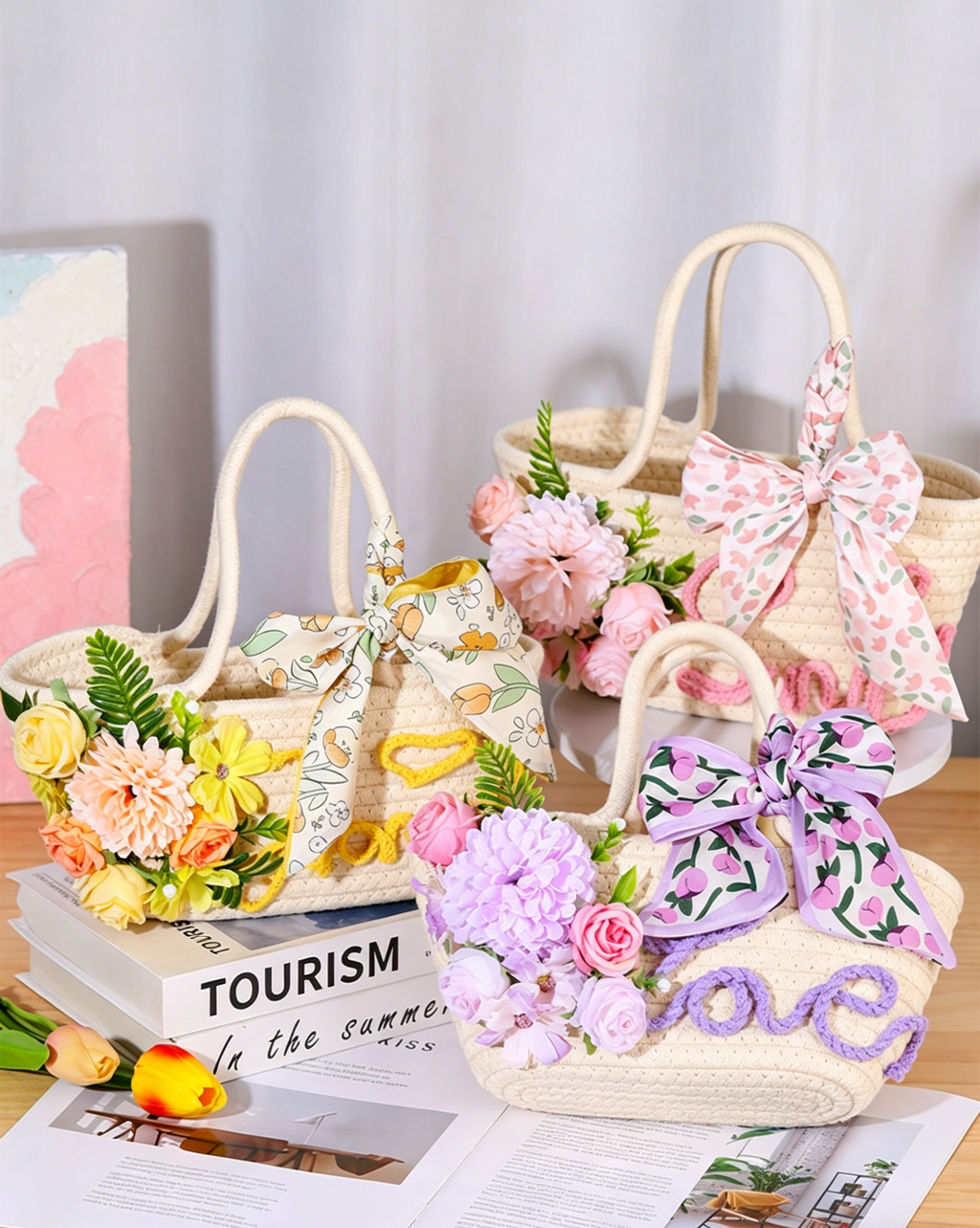 DIY Floral Straw Woven Bag Kit | Handmade Flower Weaving Tote Craft Set with Artificial Flowers | Spring & Summer Travel Fashion Bag Gift
