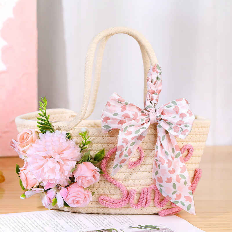 DIY Floral Straw Woven Bag Kit | Handmade Flower Weaving Tote Craft Set with Artificial Flowers | Spring & Summer Travel Fashion Bag Gift