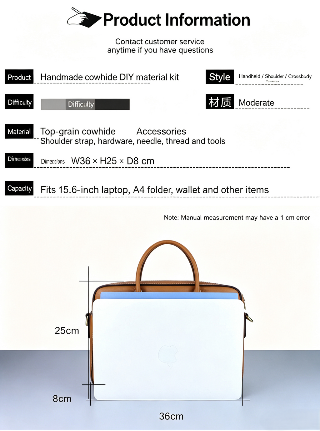 DIY Men's Full-Grain Leather Tote Bag Kit – Handmade Leather Shoulder & Crossbody Bag
