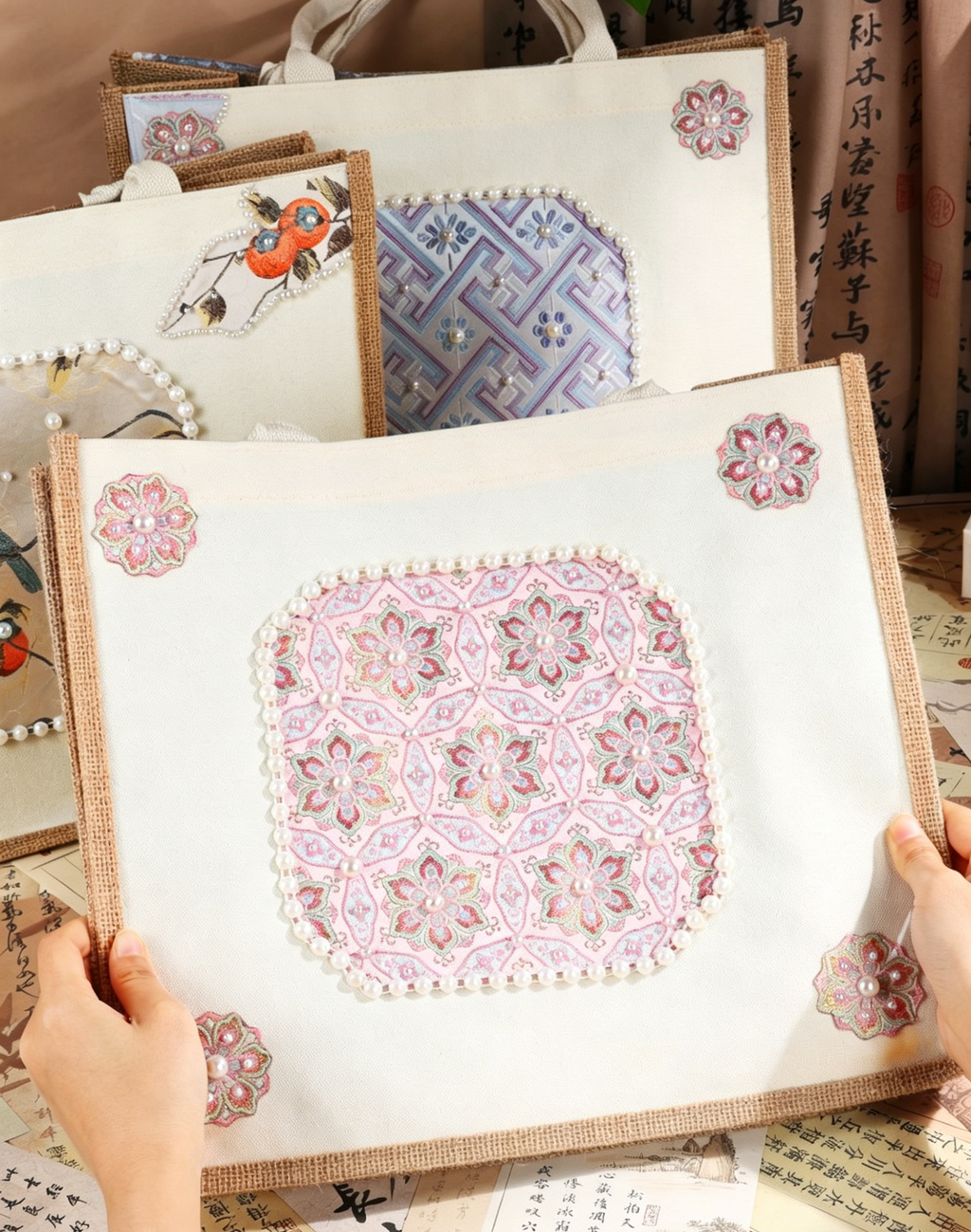 DIY Fabric Tote Bag Kit with Floral Brocade & Pearl Decoration | Handmade Canvas Handbag Craft Set Creative Gift