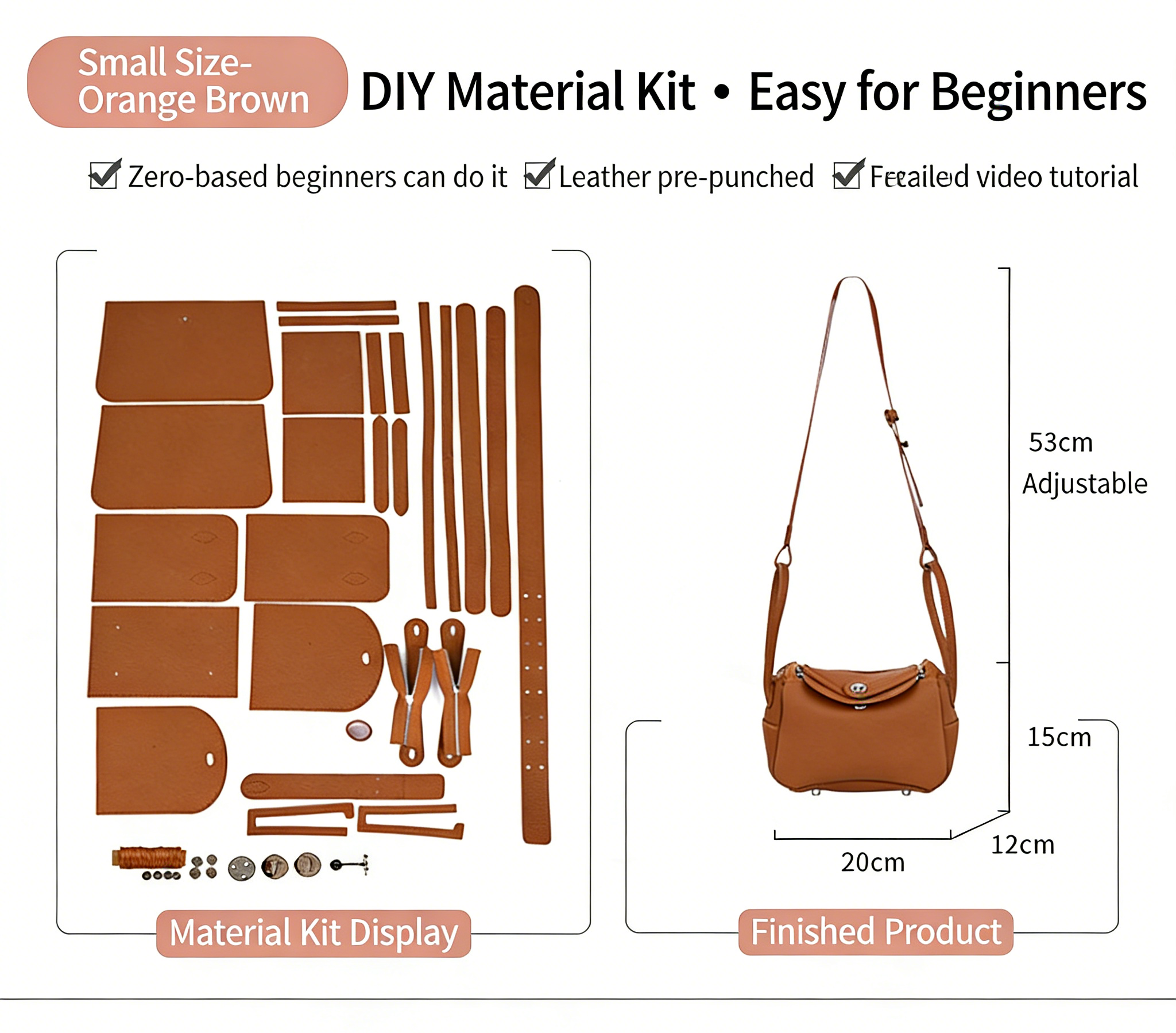 DIY Genuine Leather Shoulder Bag Kit – Handmade Cowhide Crossbody Bag Craft Set for Beginners (Small & Large Size, Video Tutorial Included)