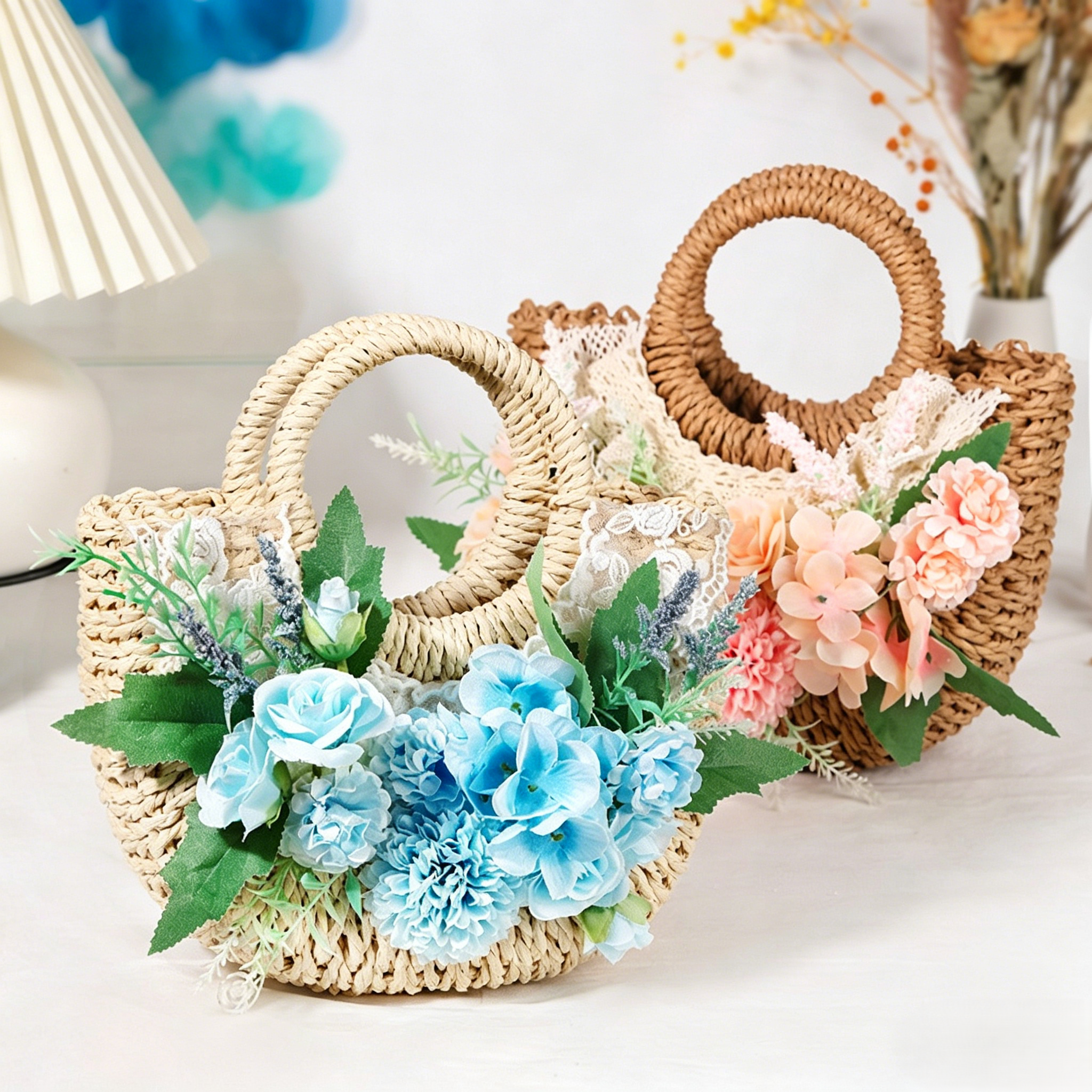 DIY Floral Straw Tote Bag Kit for Mother’s Day | Handmade Woven Handbag Craft Set with Artificial Flowers | Beginner Friendly 8-Minute DIY Gift Bag