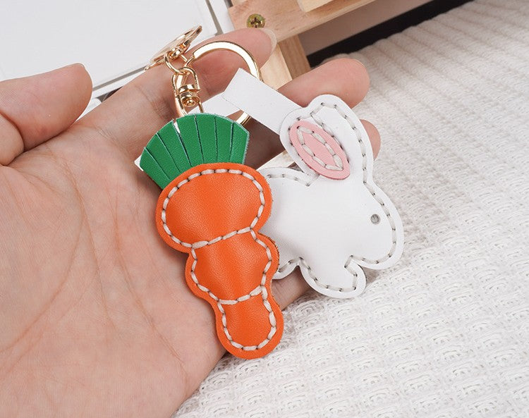 DIY Leather Bunny & Carrot Keychain Kit – Handmade Cute Animal Craft Set for Beginners