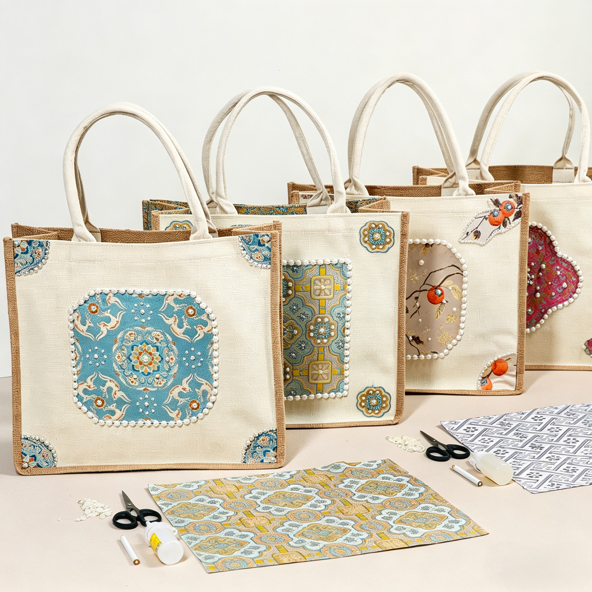 DIY Fabric Tote Bag Kit with Floral Brocade & Pearl Decoration | Handmade Canvas Handbag Craft Set Creative Gift