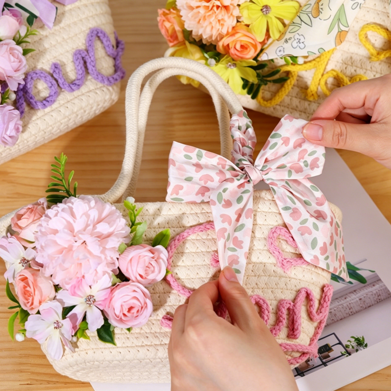 DIY Floral Straw Woven Bag Kit | Handmade Flower Weaving Tote Craft Set with Artificial Flowers | Spring & Summer Travel Fashion Bag Gift