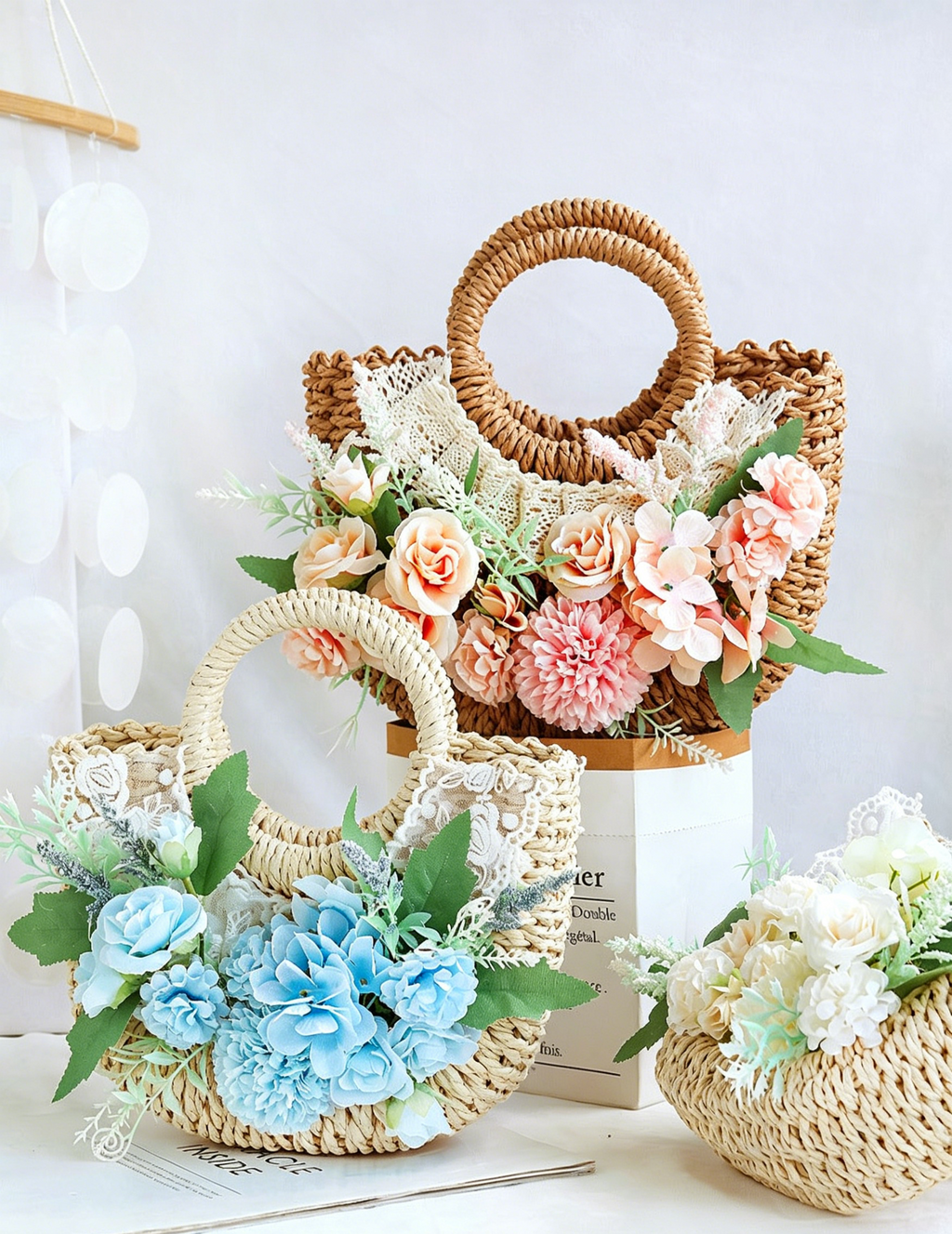 DIY Floral Straw Tote Bag Kit for Mother’s Day | Handmade Woven Handbag Craft Set with Artificial Flowers | Beginner Friendly 8-Minute DIY Gift Bag