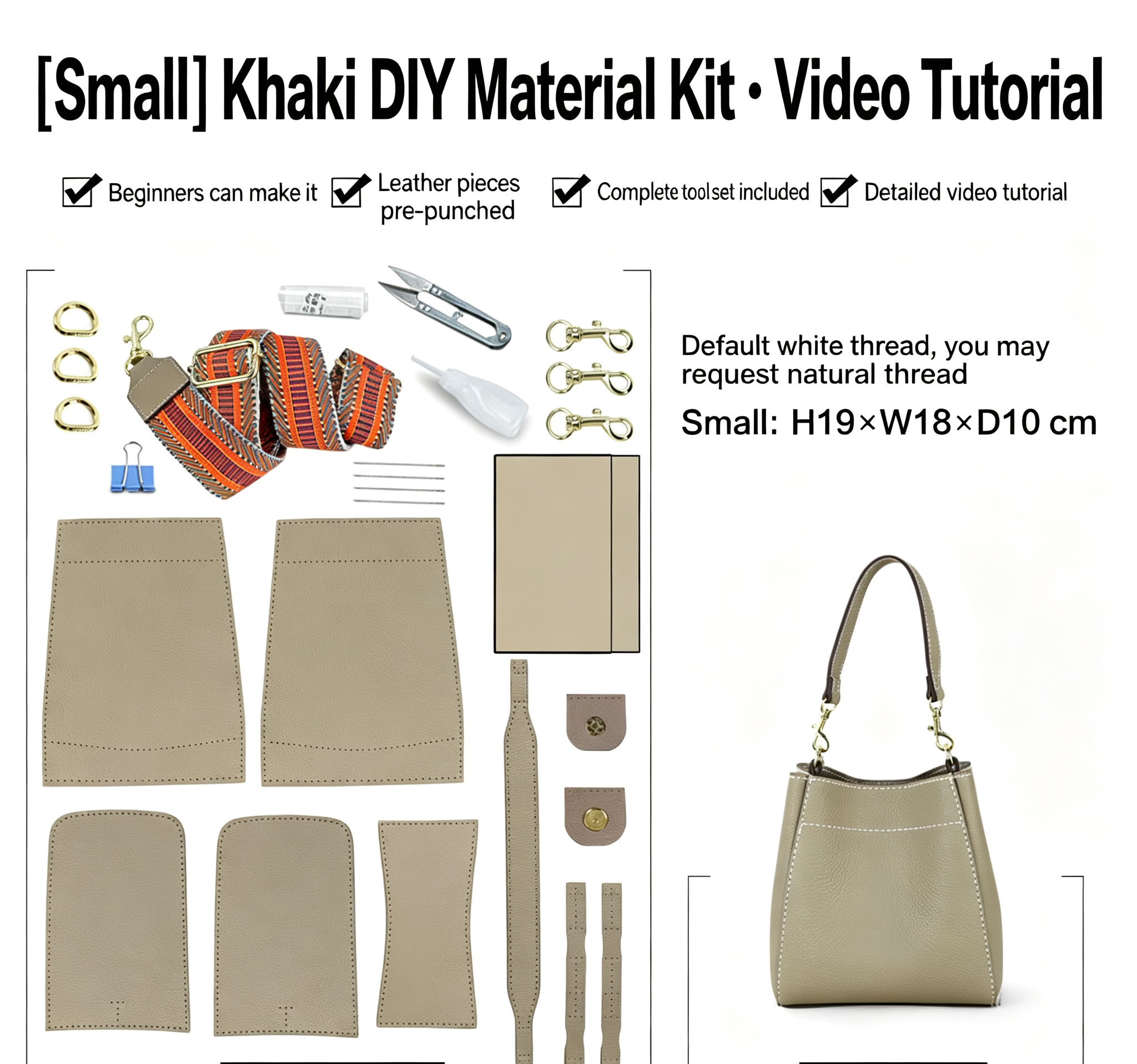DIY Leather Bucket Bag Kit for Beginners – Genuine Leather Crossbody Purse Making Set with Video Tutorial & Complete Materials