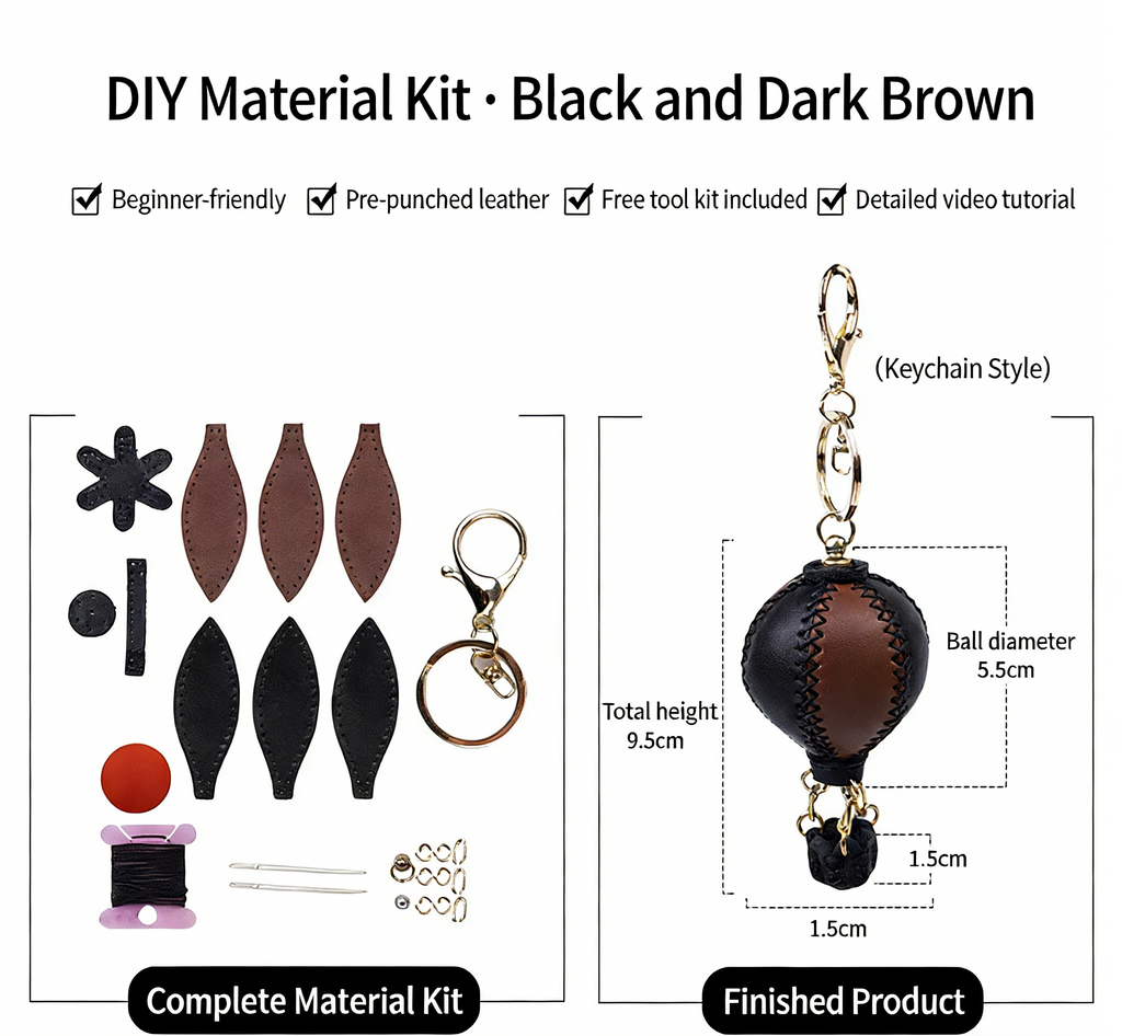 DIY Genuine Leather Keychain Charm Kit for Beginners – Handmade Bag Charm & Keyring Craft Kit with Pre-Cut Materials and Video Tutorial