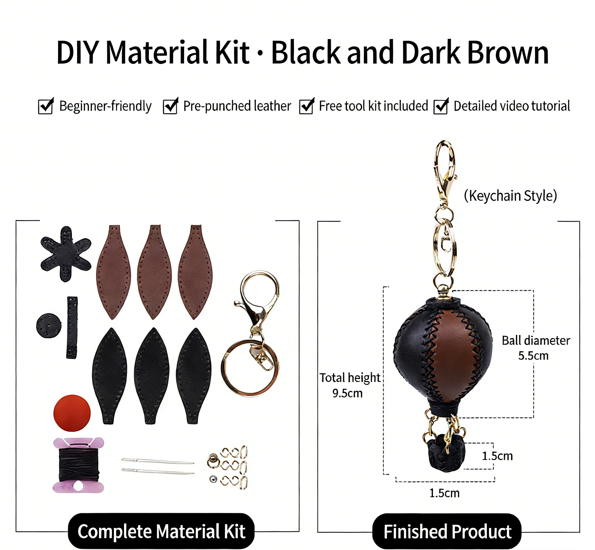 DIY Genuine Leather Keychain Charm Kit for Beginners – Handmade Bag Charm & Keyring Craft Kit with Pre-Cut Materials and Video Tutorial