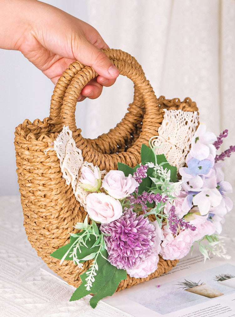 DIY Floral Straw Tote Bag Kit for Mother’s Day | Handmade Woven Handbag Craft Set with Artificial Flowers | Beginner Friendly 8-Minute DIY Gift Bag