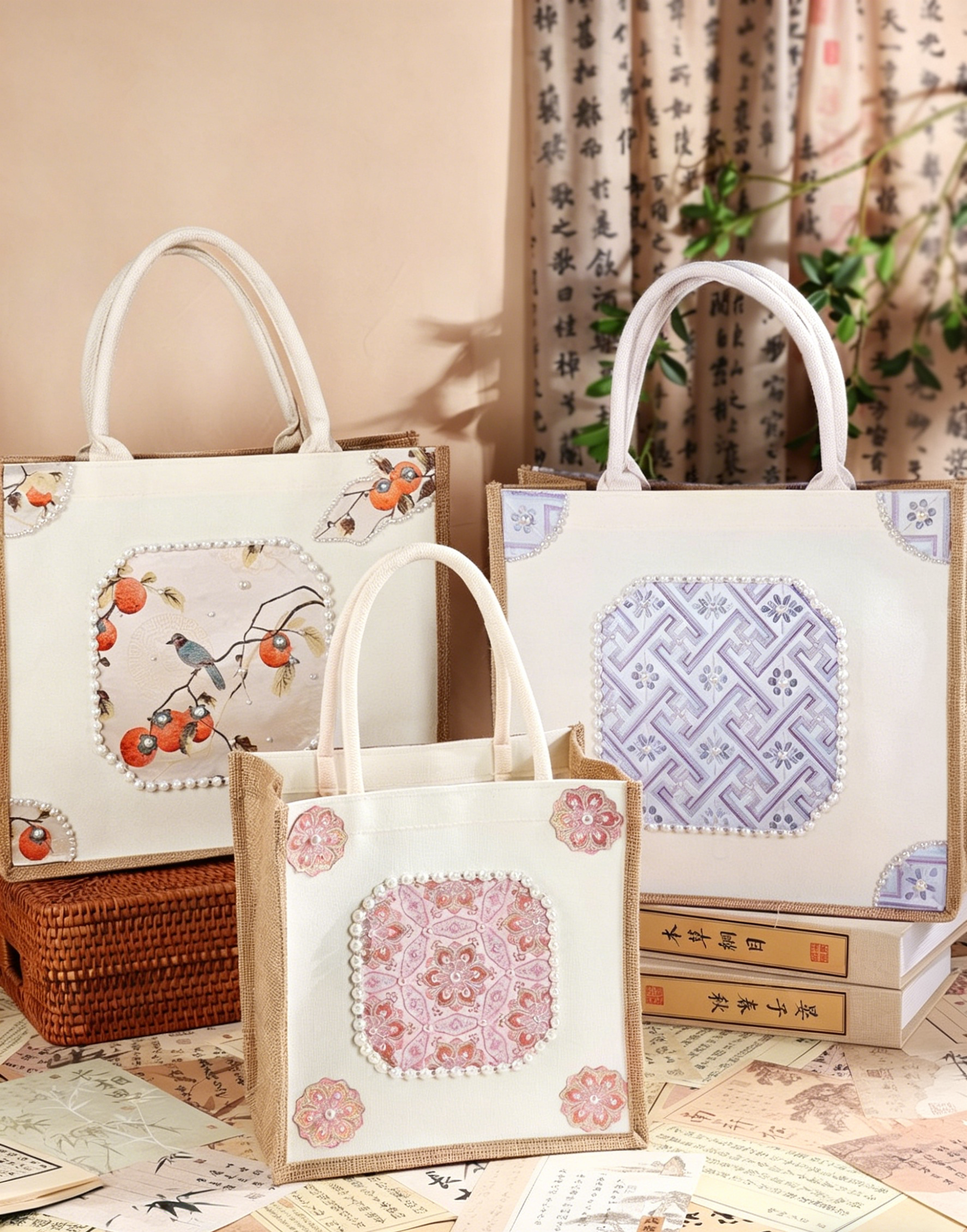 DIY Fabric Tote Bag Kit with Floral Brocade & Pearl Decoration | Handmade Canvas Handbag Craft Set Creative Gift