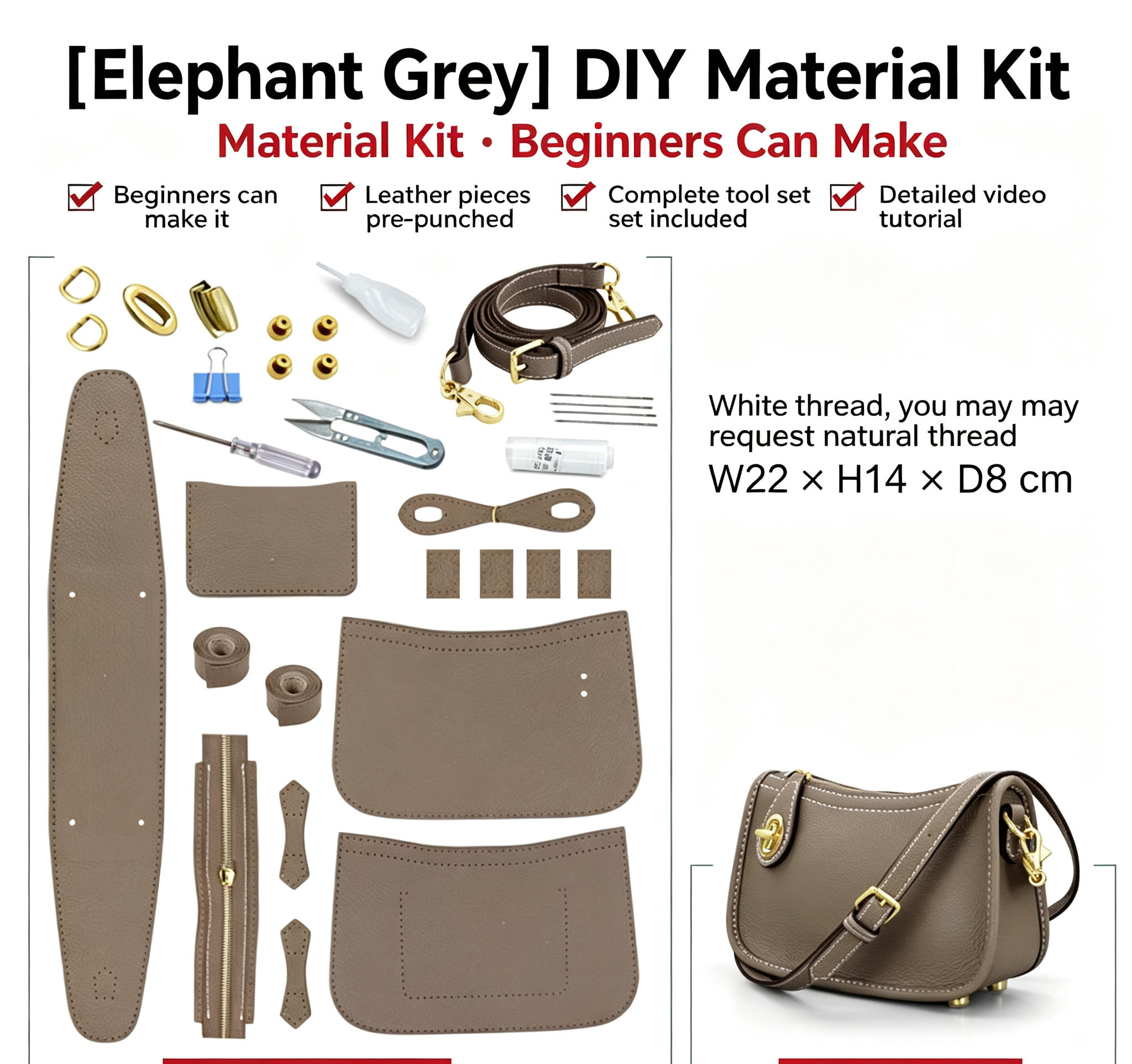 DIY Leather Bucket Bag Kit for Beginners – Genuine Leather Crossbody Purse Making Set with Video Tutorial & Complete Materials