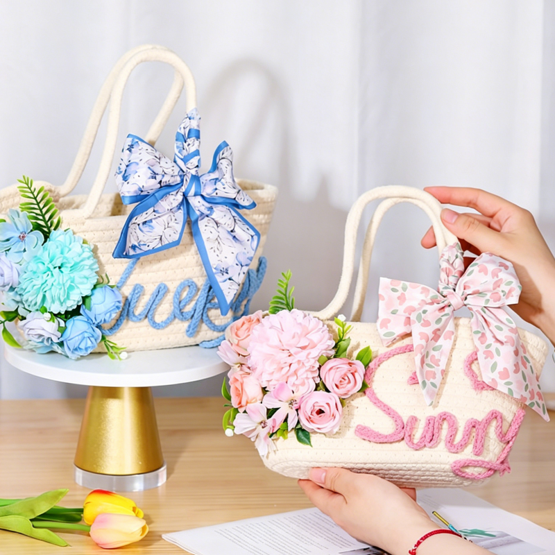 DIY Floral Straw Woven Bag Kit | Handmade Flower Weaving Tote Craft Set with Artificial Flowers | Spring & Summer Travel Fashion Bag Gift