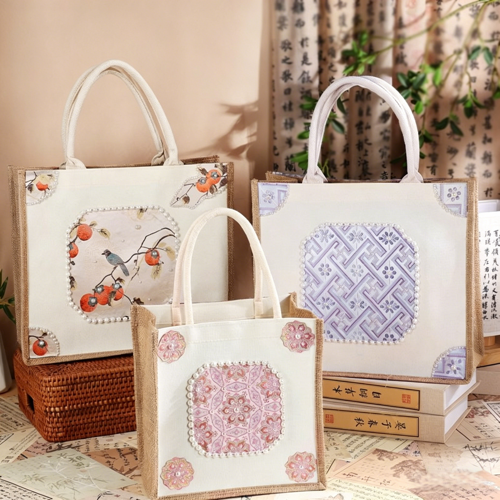 DIY Fabric Tote Bag Kit with Floral Brocade & Pearl Decoration | Handmade Canvas Handbag Craft Set Creative Gift