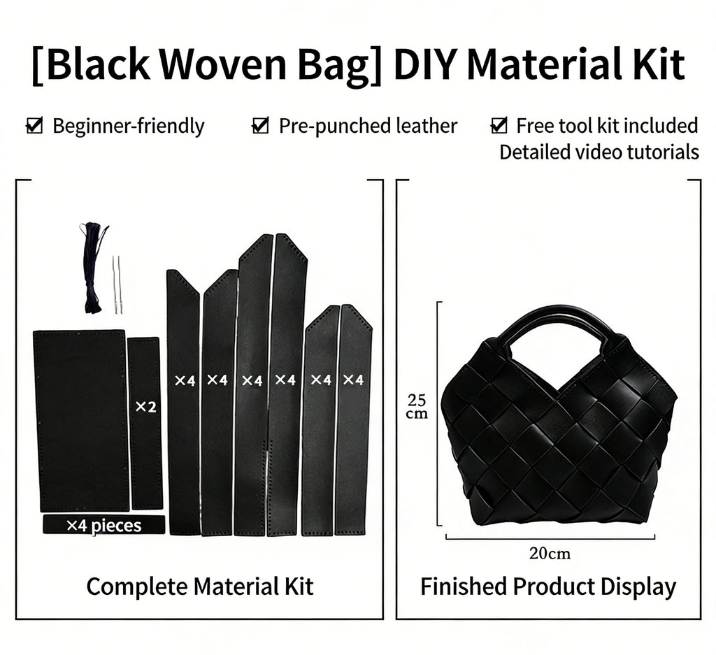 DIY Wide Grid Woven Mini Hand Tote Bag Sewing Kit, Genuine Leather & PU Material Multi Color Handmade Craft Bag For Women