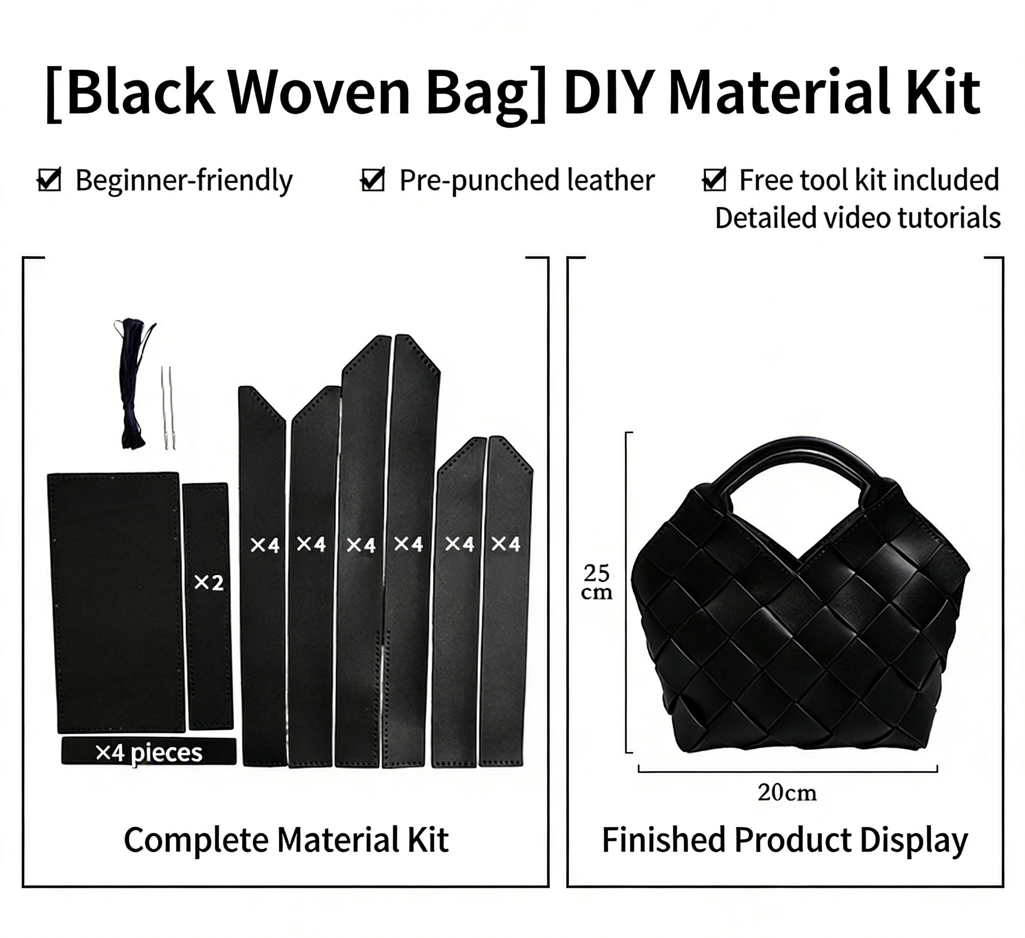 DIY Wide Grid Woven Mini Hand Tote Bag Sewing Kit, Genuine Leather & PU Material Multi Color Handmade Craft Bag For Women