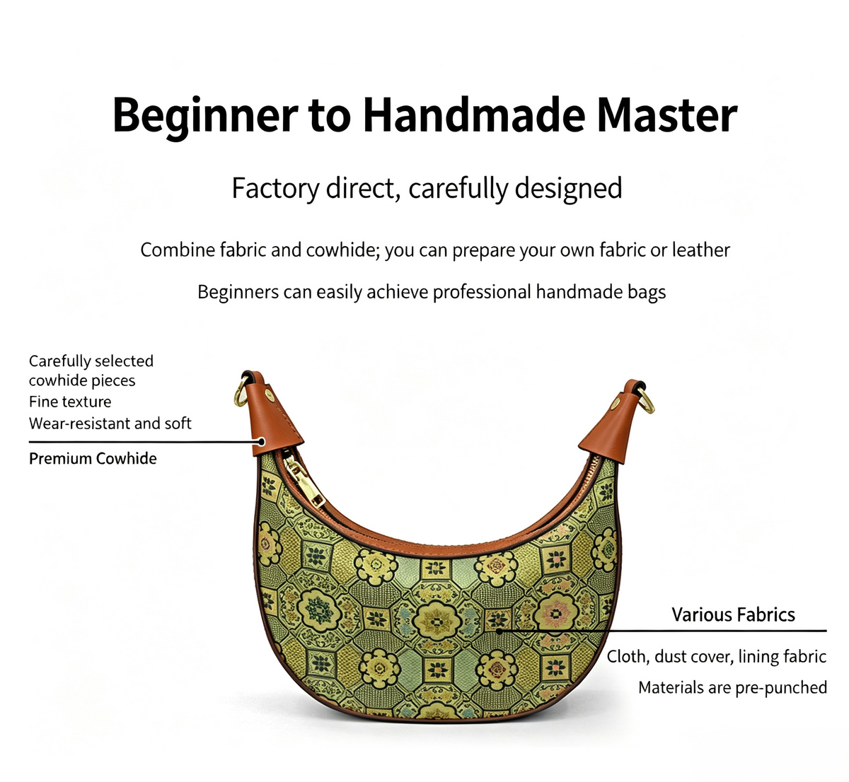 DIY Crescent Shoulder Bag Kit for Beginners, Handmade Genuine Leather Underarm Bag Making Kit, Creative Sewing Craft Gift for Women