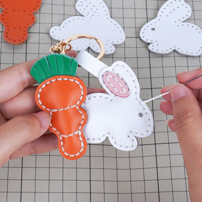 DIY Leather Bunny & Carrot Keychain Kit – Handmade Cute Animal Craft Set for Beginners