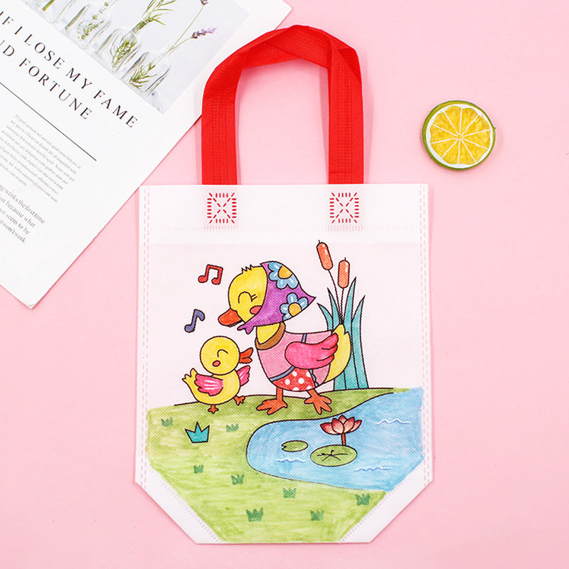 DIY Cartoon Coloring Tote Bag Kit for Kids – Creative Non-Woven Fabric Painting Handbag with Markers