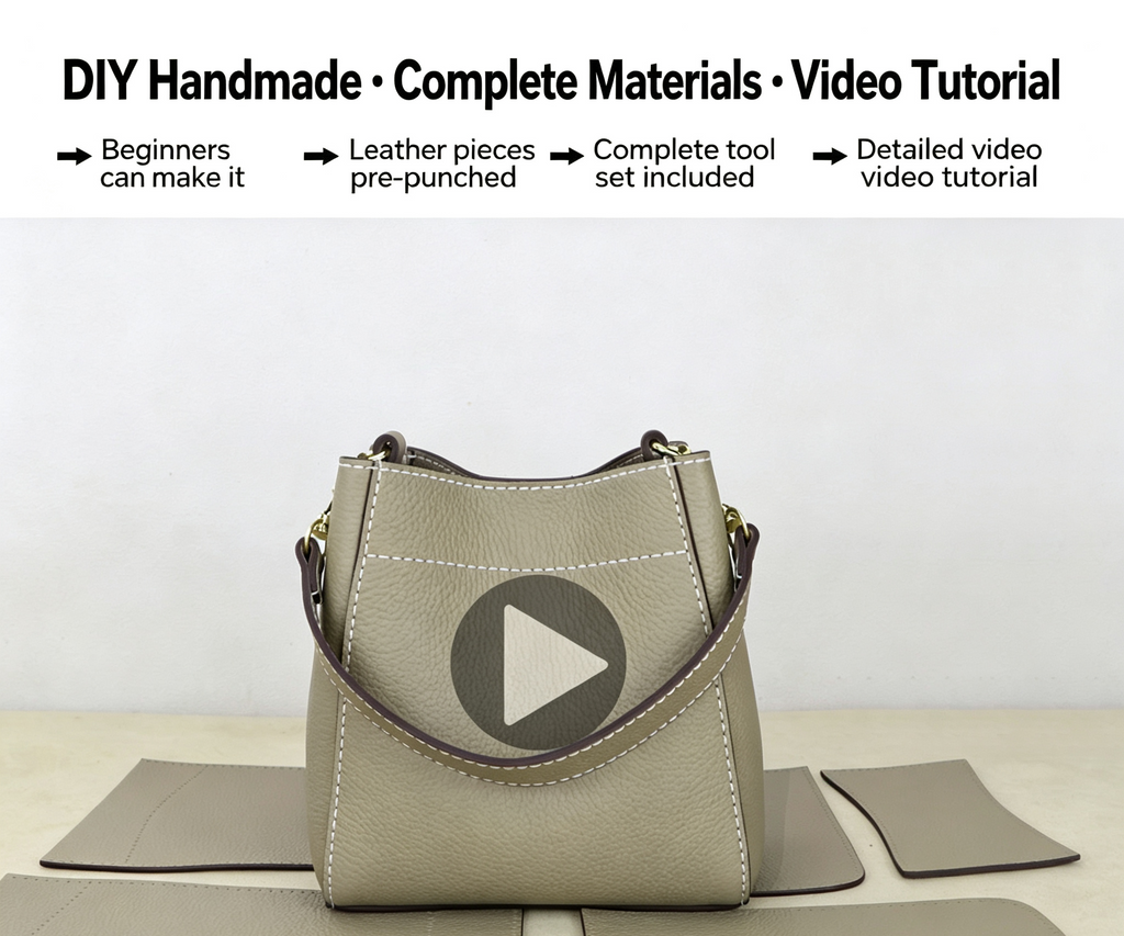 DIY Leather Bucket Bag Kit for Beginners – Genuine Leather Crossbody Purse Making Set with Video Tutorial & Complete Materials