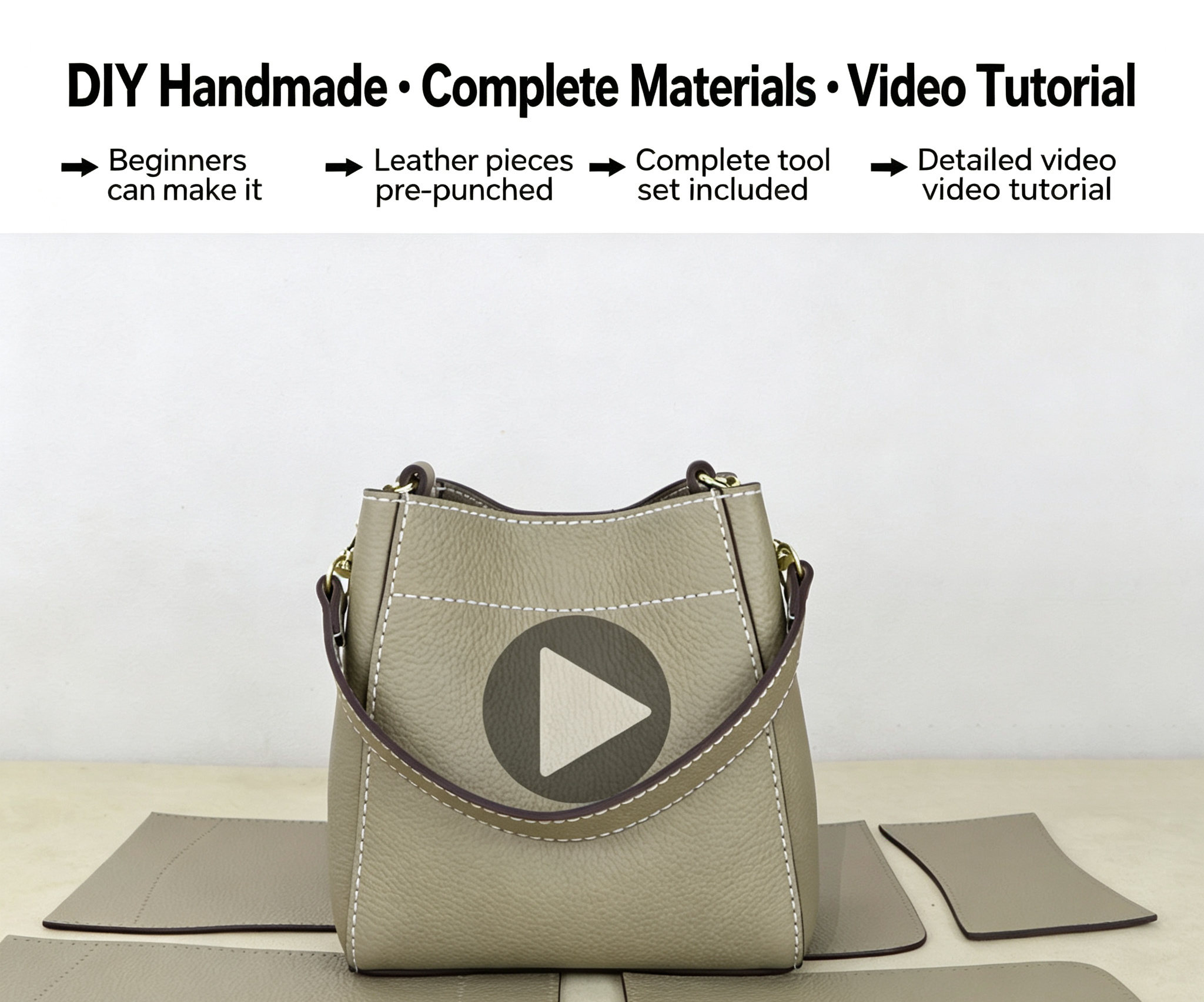 DIY Leather Bucket Bag Kit for Beginners – Genuine Leather Crossbody Purse Making Set with Video Tutorial & Complete Materials