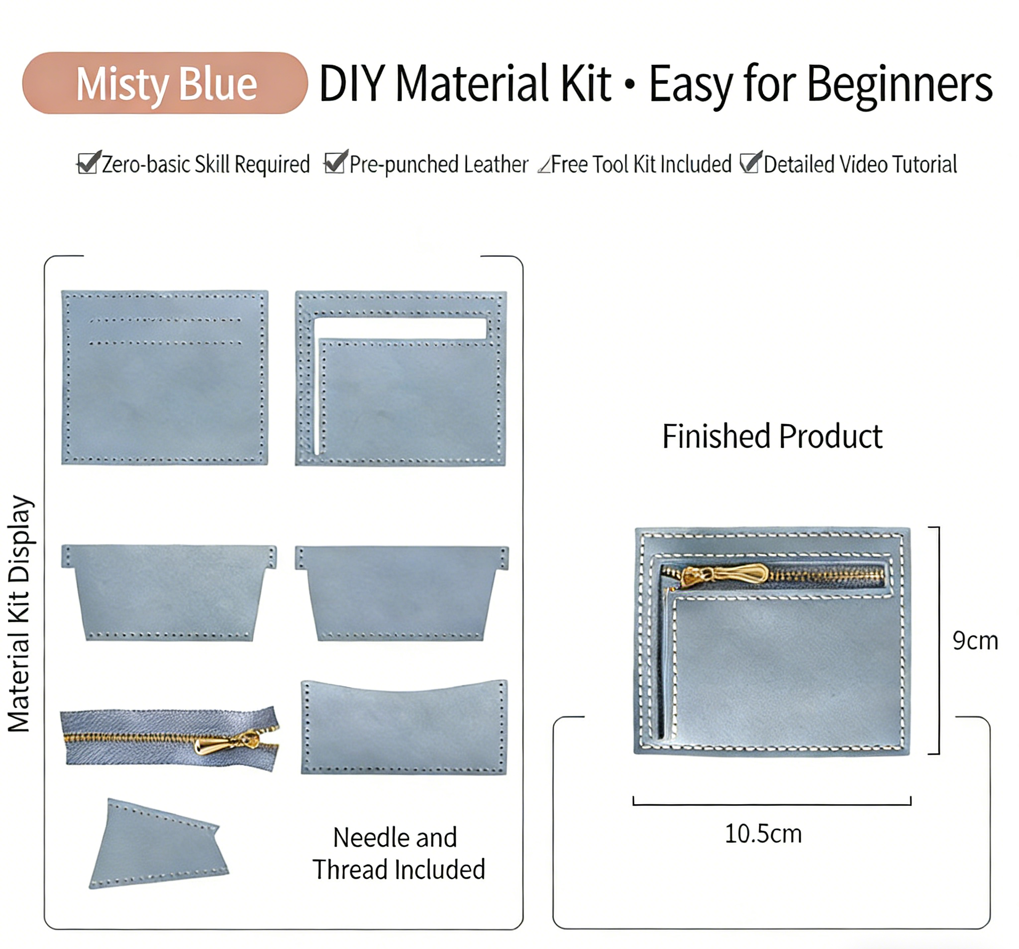 DIY Leather Wallet Kit – Handmade Cowhide Bifold Wallet Craft Set for Beginners with Video Tutorial (Compact Card & Cash Holder)