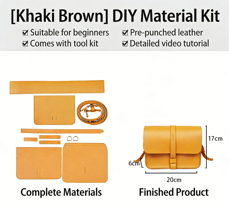 DIY Leather Envelope Crossbody Bag Kit for Beginners – Handmade Cowhide Shoulder Purse with Video Tutorial, Pre-Cut Sewing Craft Set