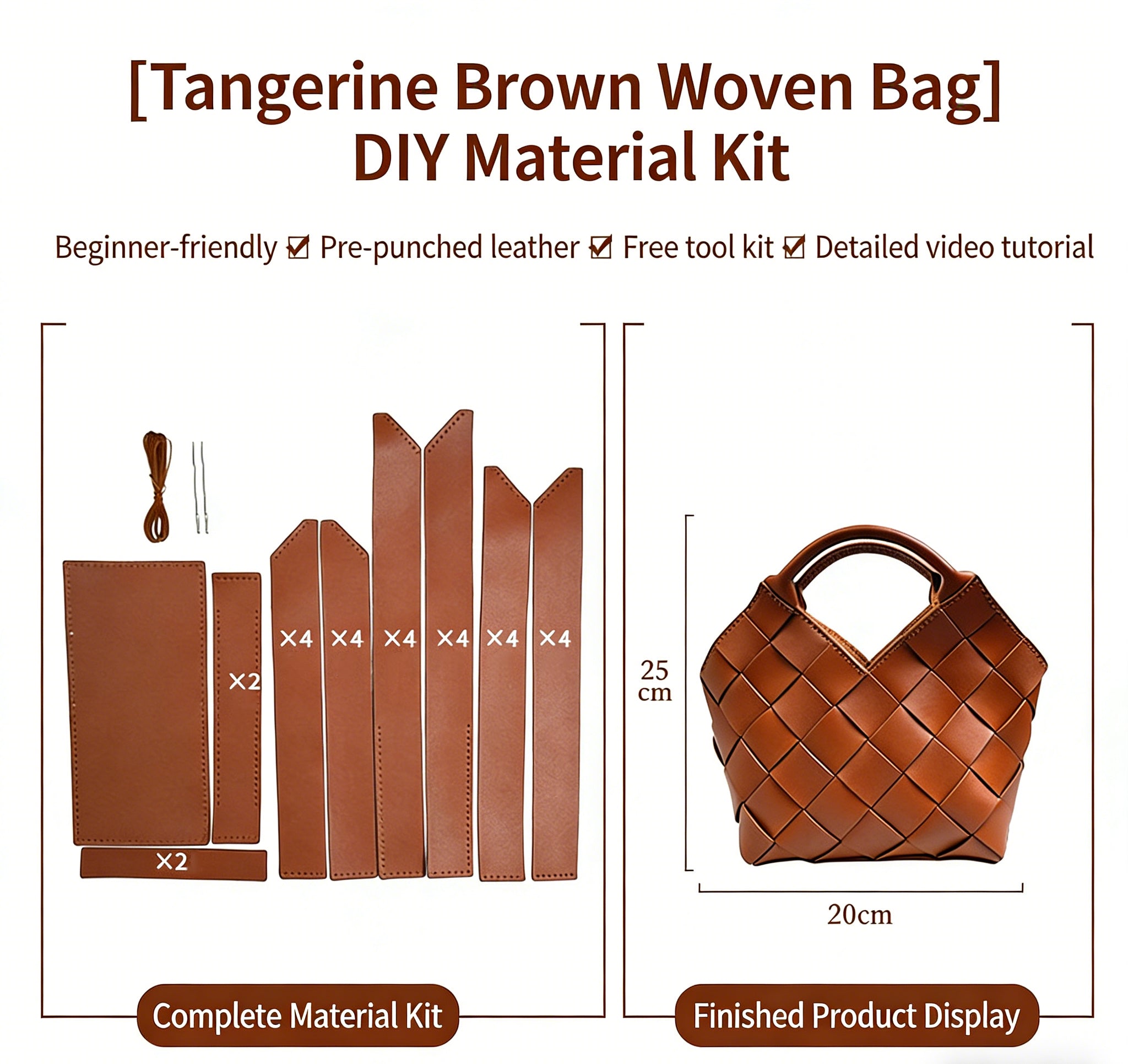 DIY Wide Grid Woven Mini Hand Tote Bag Sewing Kit, Genuine Leather & PU Material Multi Color Handmade Craft Bag For Women