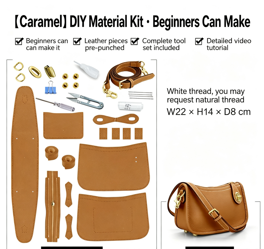 DIY Leather Bucket Bag Kit for Beginners – Genuine Leather Crossbody Purse Making Set with Video Tutorial & Complete Materials