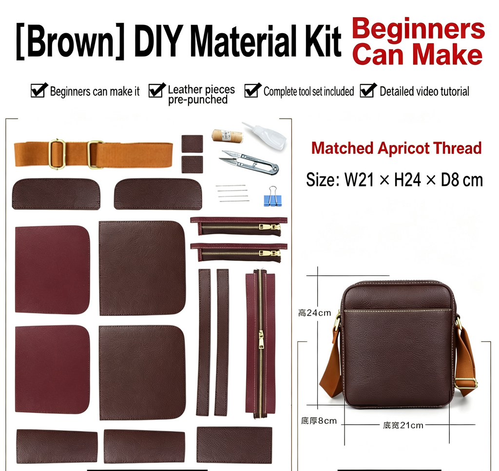 DIY Leather Crossbody Bag Kit for Beginners – Genuine Leather Shoulder Bag Making Set with Video Tutorial & Complete Materials