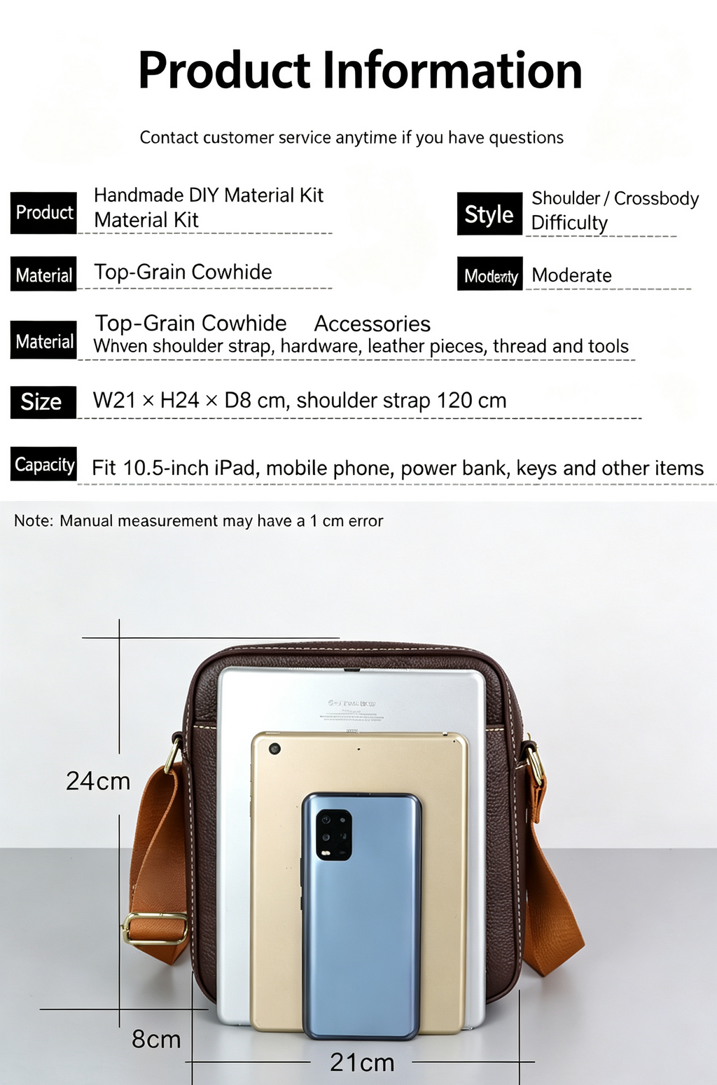 DIY Leather Crossbody Bag Kit for Beginners – Genuine Leather Shoulder Bag Making Set with Video Tutorial & Complete Materials