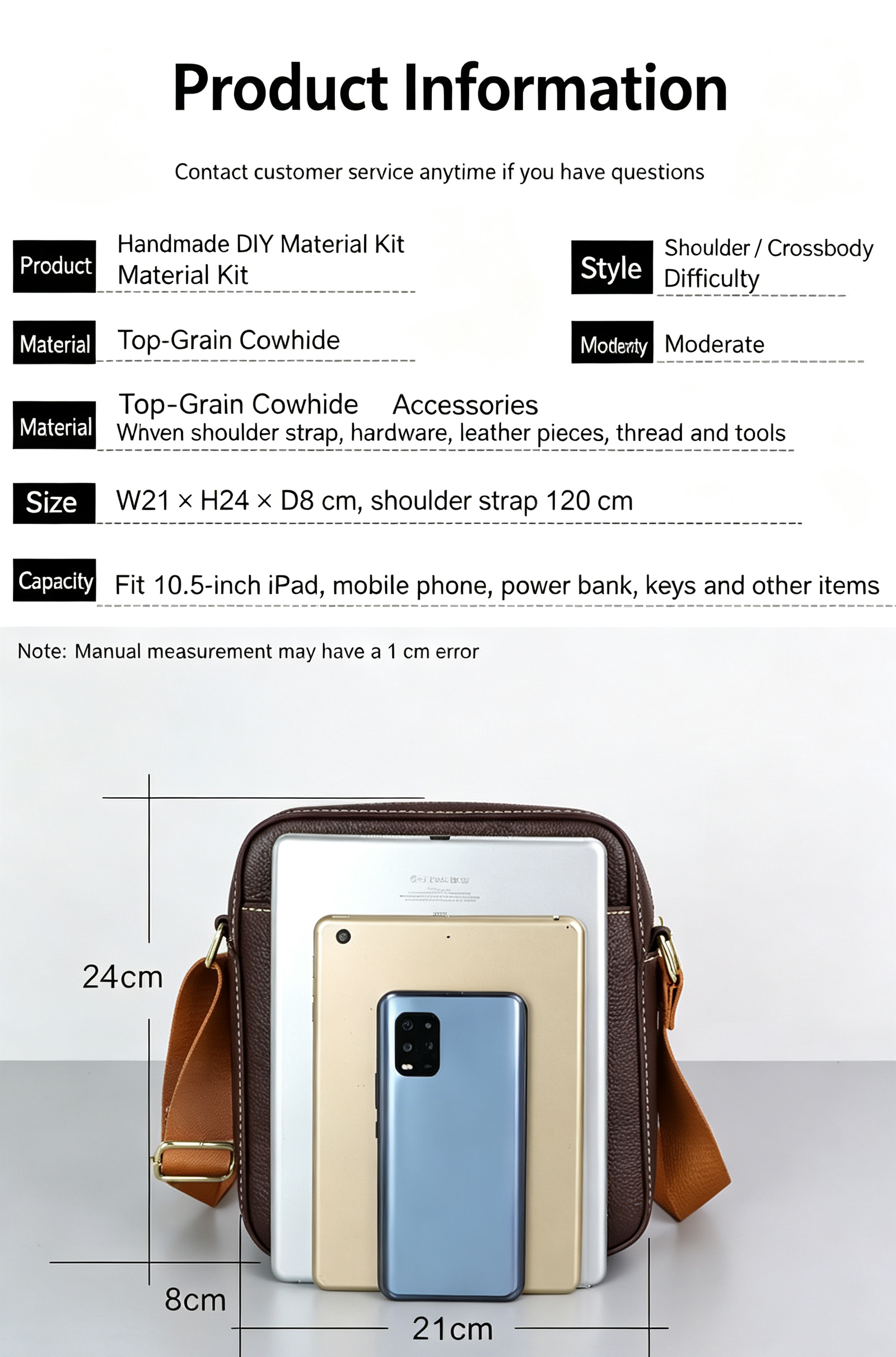 DIY Leather Crossbody Bag Kit for Beginners – Genuine Leather Shoulder Bag Making Set with Video Tutorial & Complete Materials
