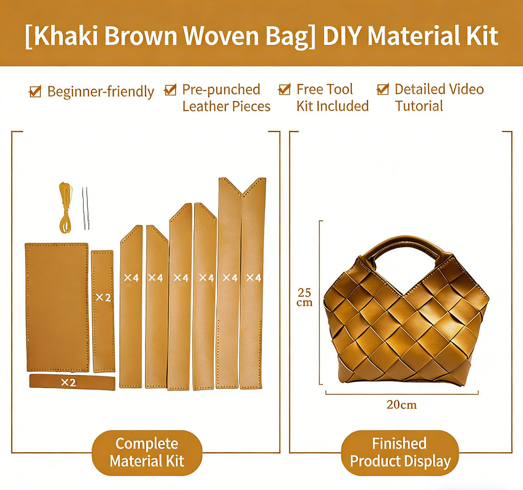 DIY Wide Grid Woven Mini Hand Tote Bag Sewing Kit, Genuine Leather & PU Material Multi Color Handmade Craft Bag For Women