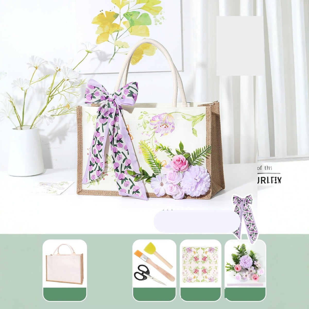 DIY Canvas Tote Bag Decorating Kit with Printed Scarf | Handmade Craft Gift Set for Adults & Kids | Personalized Tote Bag DIY Kit