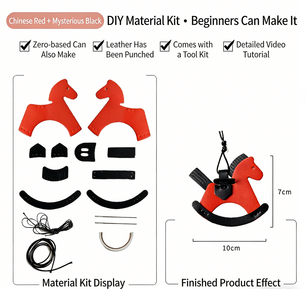 DIY Rocking Horse Keychain Kit for Beginners – Handmade PU Leather Bag Charm & Key Pendant with Video Tutorial