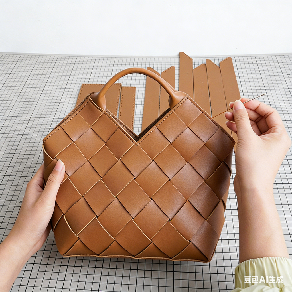 DIY Wide Grid Woven Mini Hand Tote Bag Sewing Kit, Genuine Leather & PU Material Multi Color Handmade Craft Bag For Women