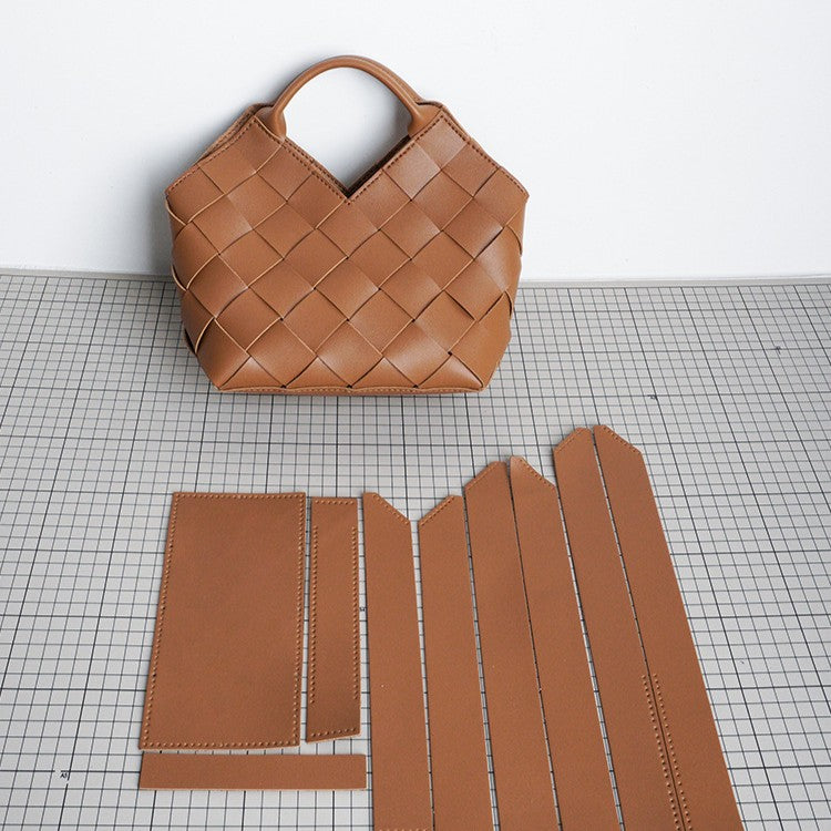 DIY Wide Grid Woven Mini Hand Tote Bag Sewing Kit, Genuine Leather & PU Material Multi Color Handmade Craft Bag For Women