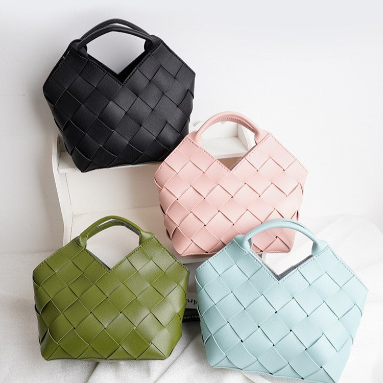 DIY Wide Grid Woven Mini Hand Tote Bag Sewing Kit, Genuine Leather & PU Material Multi Color Handmade Craft Bag For Women