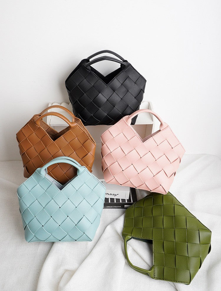 DIY Wide Grid Woven Mini Hand Tote Bag Sewing Kit, Genuine Leather & PU Material Multi Color Handmade Craft Bag For Women