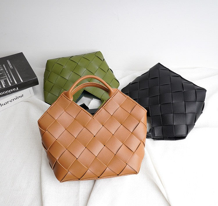 DIY Wide Grid Woven Mini Hand Tote Bag Sewing Kit, Genuine Leather & PU Material Multi Color Handmade Craft Bag For Women