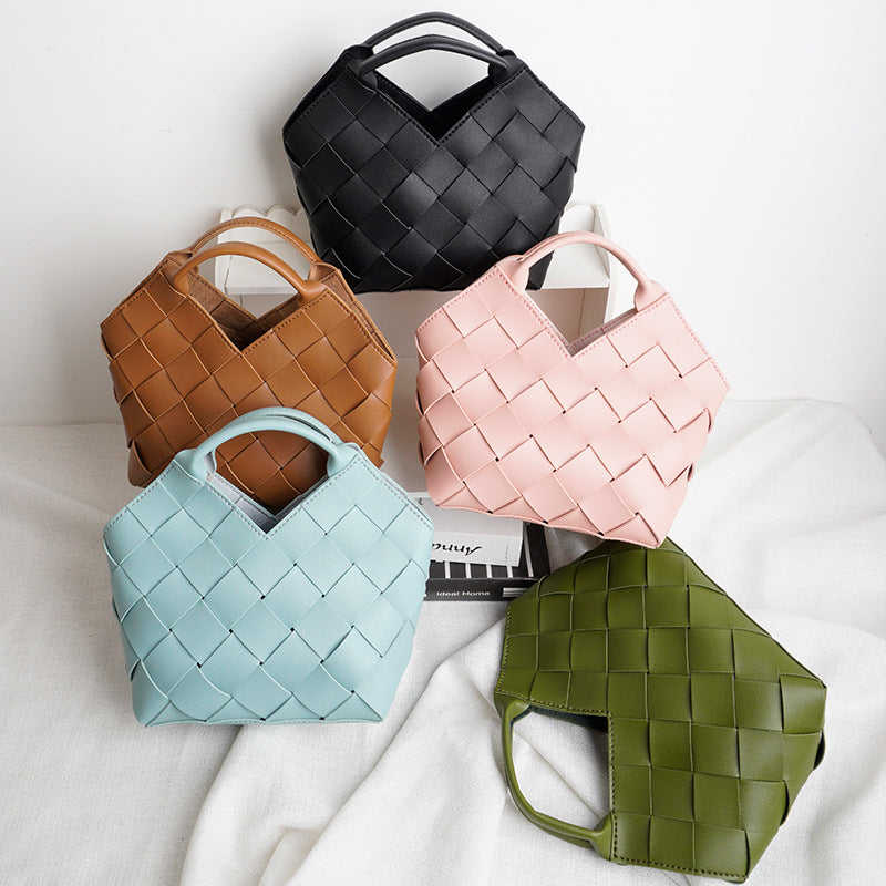 DIY Wide Grid Woven Mini Hand Tote Bag Sewing Kit, Genuine Leather & PU Material Multi Color Handmade Craft Bag For Women