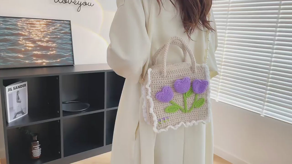 DIY Crochet Shoulder Bag Kit for Beginners – Handmade Purple Crossbody Tote Bag with Video Tutorial